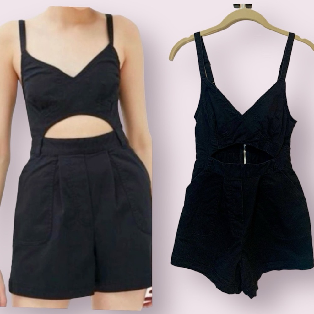 UO Urban Outfitters Denim Romper Front Cut Out Sleeveless Black Size XS